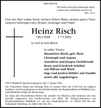Anzeige von Heinz Risch von Kölner Stadt-Anzeiger / Kölnische Rundschau / Express