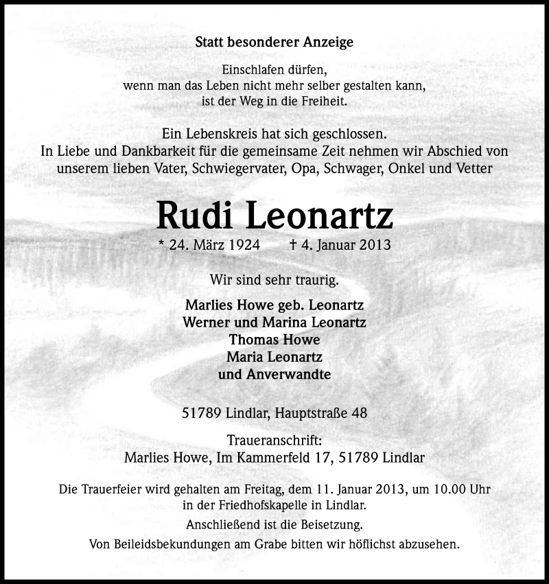  Traueranzeige für Rudi Leonartz vom 09.01.2013 aus Kölner Stadt-Anzeiger / Kölnische Rundschau / Express