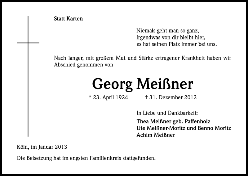  Traueranzeige für Georg Meißner vom 12.01.2013 aus Kölner Stadt-Anzeiger / Kölnische Rundschau / Express