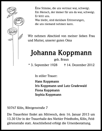 Anzeige von Koppmann Johanna von Kölner Stadt-Anzeiger / Kölnische Rundschau / Express