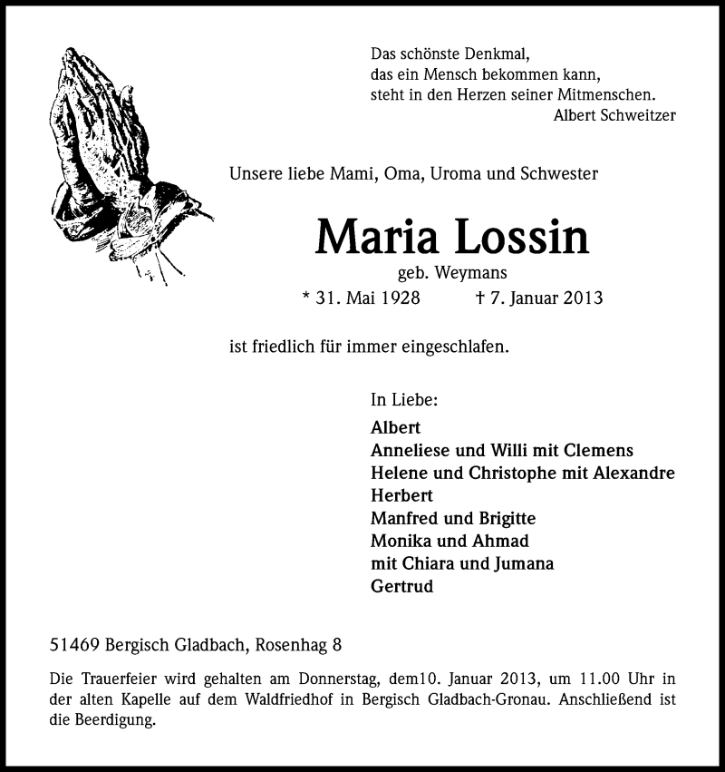  Traueranzeige für Maria Lossin vom 09.01.2013 aus Kölner Stadt-Anzeiger / Kölnische Rundschau / Express