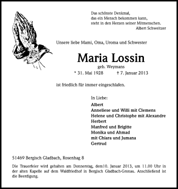Anzeige von Maria Lossin von Kölner Stadt-Anzeiger / Kölnische Rundschau / Express