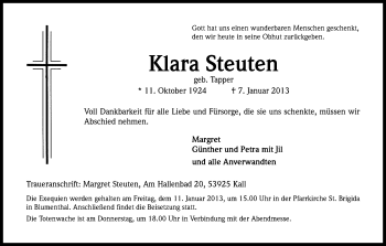 Anzeige von Klara Steuten von Kölner Stadt-Anzeiger / Kölnische Rundschau / Express