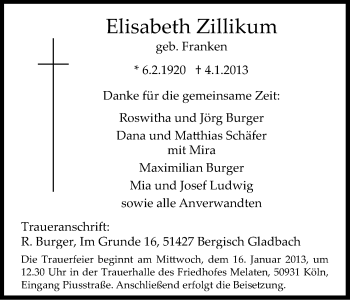 Anzeige von Elisabeth Zillikum von Kölner Stadt-Anzeiger / Kölnische Rundschau / Express