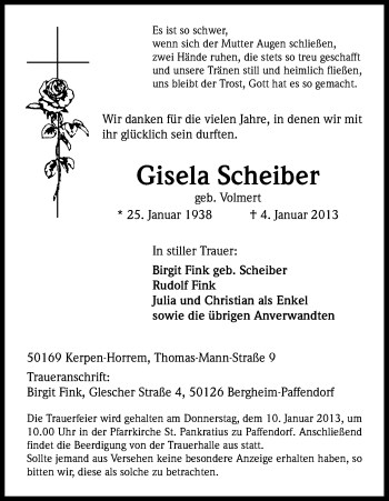 Anzeige von Gisela Scheiber von Kölner Stadt-Anzeiger / Kölnische Rundschau / Express