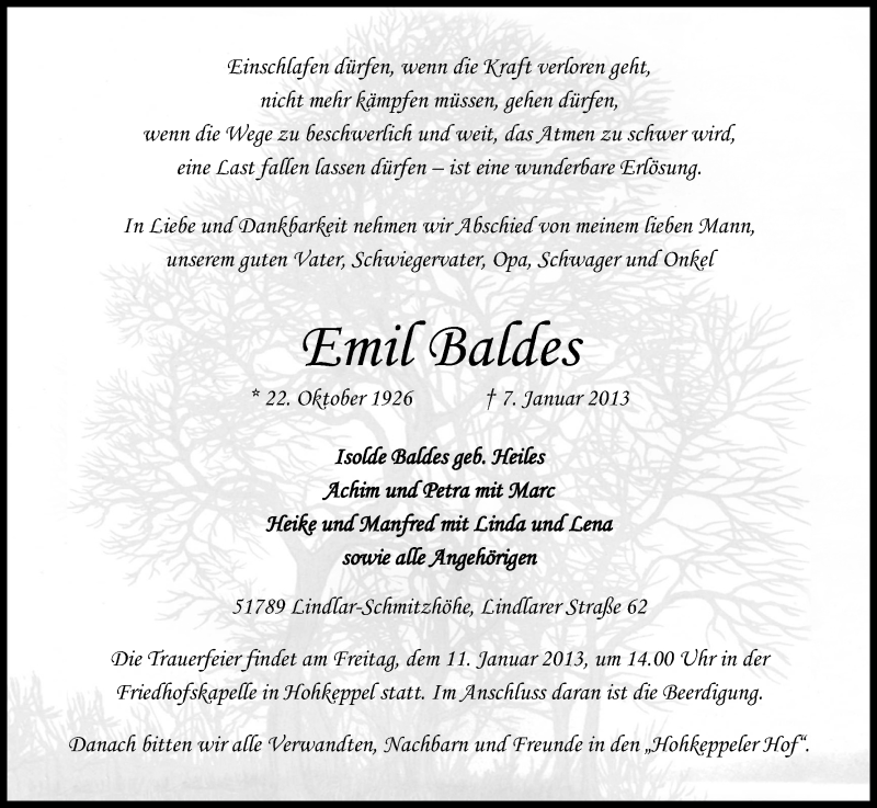  Traueranzeige für Emil Baldes vom 09.01.2013 aus Kölner Stadt-Anzeiger / Kölnische Rundschau / Express