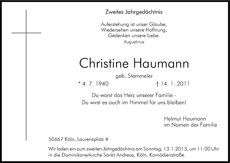  Traueranzeige für Christine Haumann vom 10.01.2013 aus Kölner Stadt-Anzeiger / Kölnische Rundschau / Express