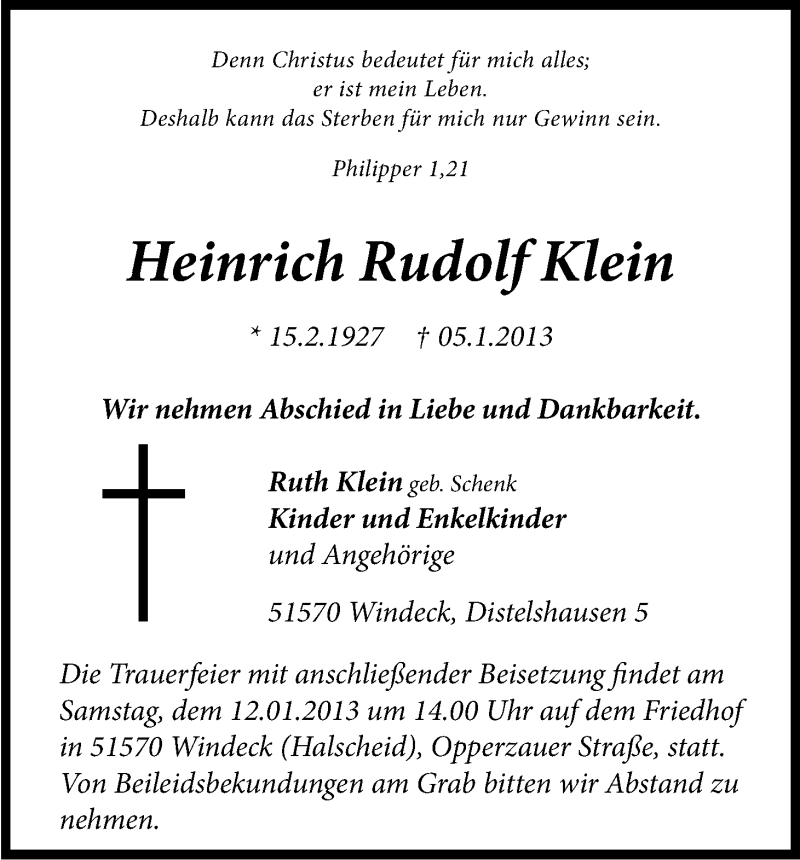  Traueranzeige für Heinrich Rudolf Klein vom 09.01.2013 aus Kölner Stadt-Anzeiger / Kölnische Rundschau / Express