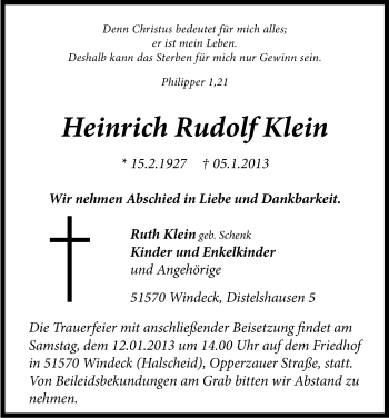 Anzeige von Heinrich Rudolf Klein von Kölner Stadt-Anzeiger / Kölnische Rundschau / Express