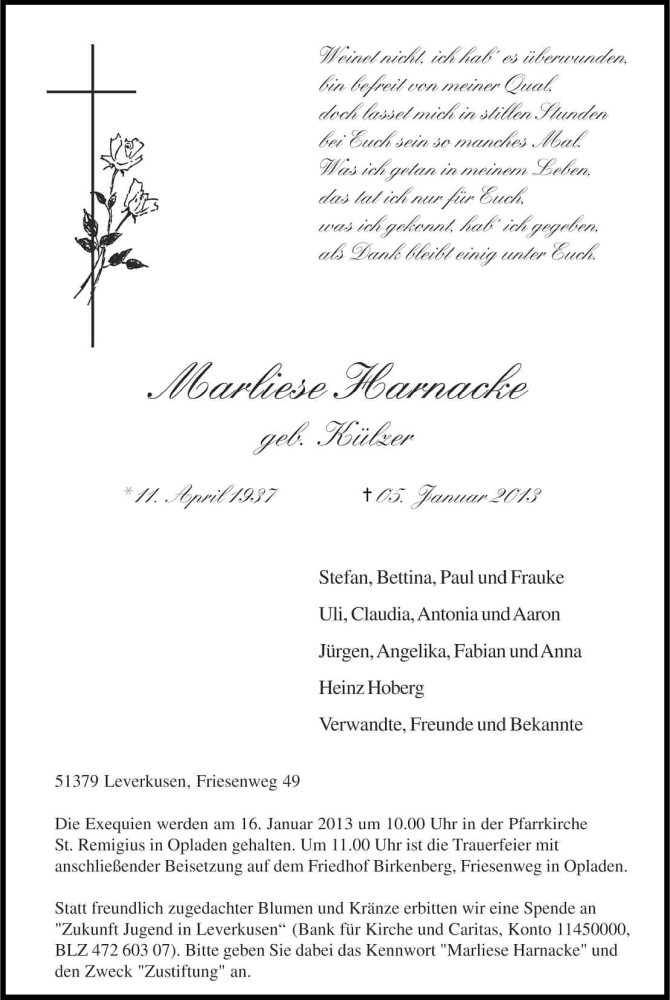  Traueranzeige für Marliese Harnacke vom 12.01.2013 aus Kölner Stadt-Anzeiger / Kölnische Rundschau / Express