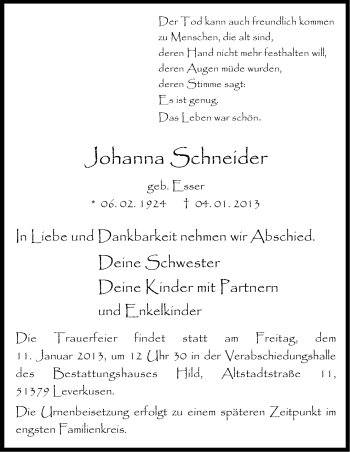 Anzeige von Johanna Schneider von Kölner Stadt-Anzeiger / Kölnische Rundschau / Express
