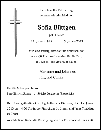 Anzeige von Sofia Büttgen von Kölner Stadt-Anzeiger / Kölnische Rundschau / Express