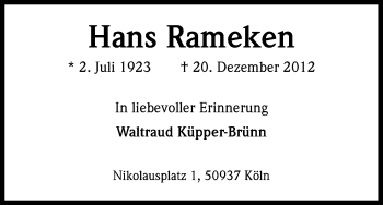 Anzeige von Hans Rameken von Kölner Stadt-Anzeiger / Kölnische Rundschau / Express