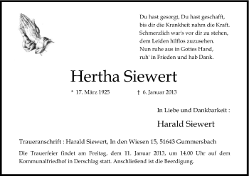 Anzeige von Hertha Siewert von Kölner Stadt-Anzeiger / Kölnische Rundschau / Express