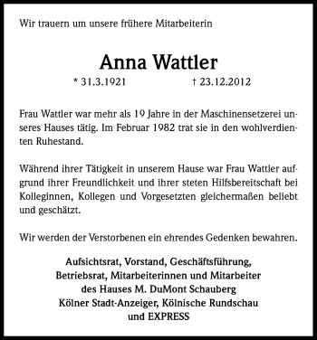 Anzeige von Anna Wattler von Kölner Stadt-Anzeiger / Kölnische Rundschau / Express
