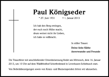 Anzeige von Paul Königseder von Kölner Stadt-Anzeiger / Kölnische Rundschau / Express