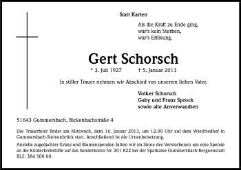 Anzeige von Gert Schorsch von Kölner Stadt-Anzeiger / Kölnische Rundschau / Express