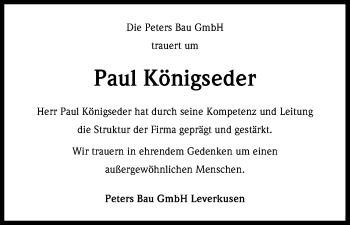Anzeige von Paul Königseder von Kölner Stadt-Anzeiger / Kölnische Rundschau / Express