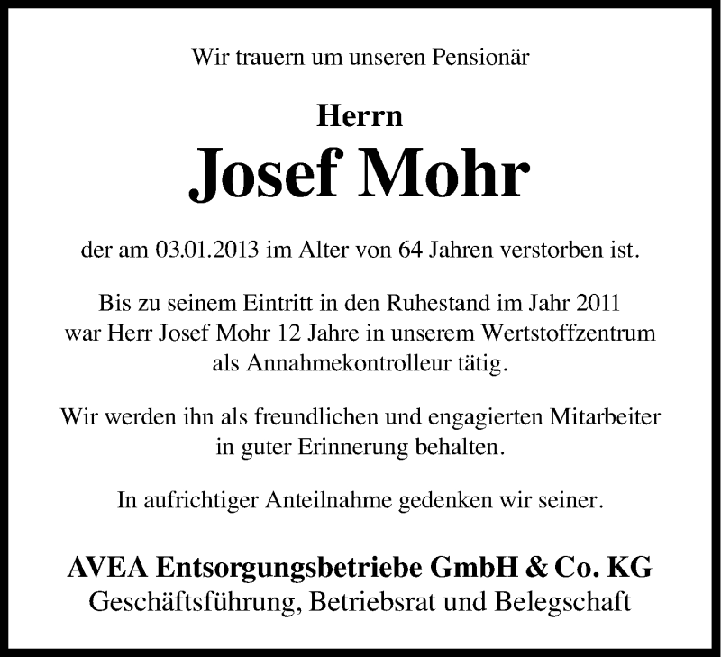  Traueranzeige für Josef Mohr vom 09.01.2013 aus Kölner Stadt-Anzeiger / Kölnische Rundschau / Express