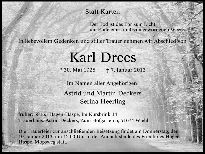  Traueranzeige für Karl Drees vom 10.01.2013 aus Kölner Stadt-Anzeiger / Kölnische Rundschau / Express