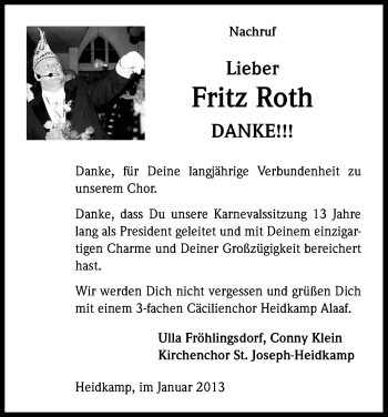 Anzeige von Fritz Roth von Kölner Stadt-Anzeiger / Kölnische Rundschau / Express