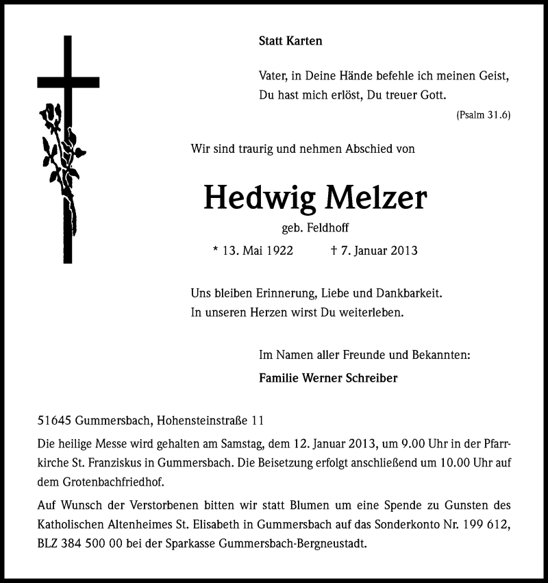  Traueranzeige für Hedwig Melzer vom 10.01.2013 aus Kölner Stadt-Anzeiger / Kölnische Rundschau / Express
