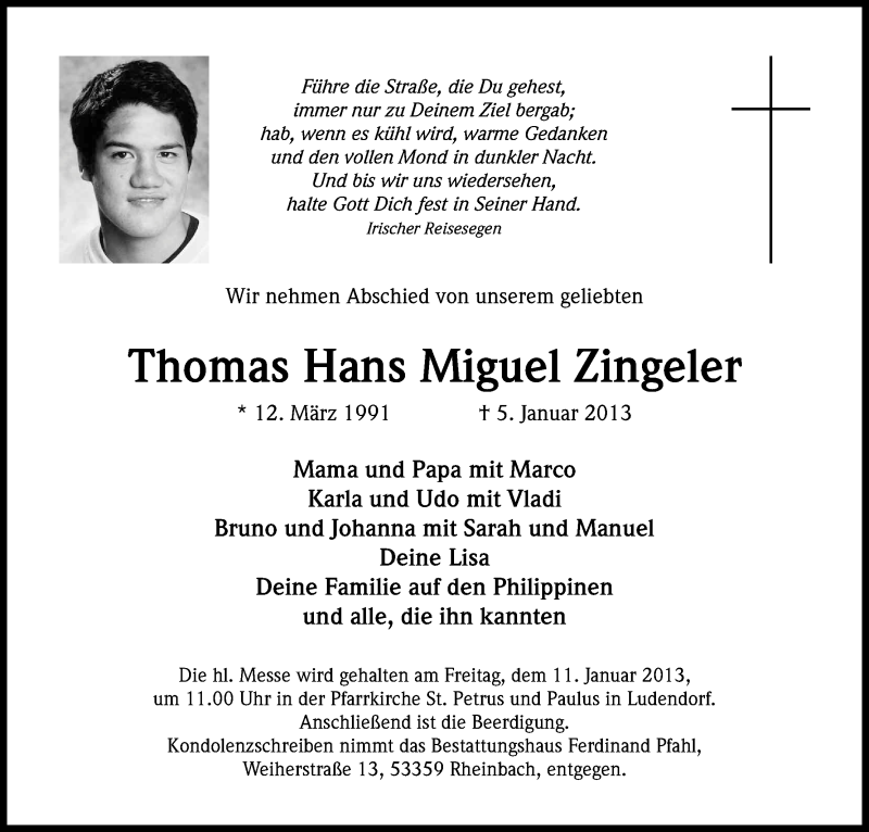  Traueranzeige für Thomas Hans Miguel Zingeler vom 10.01.2013 aus Kölner Stadt-Anzeiger / Kölnische Rundschau / Express