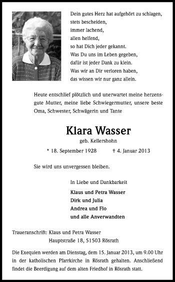 Anzeige von Klara Wasser von Kölner Stadt-Anzeiger / Kölnische Rundschau / Express