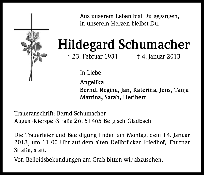  Traueranzeige für Hildegard Schumacher vom 09.01.2013 aus Kölner Stadt-Anzeiger / Kölnische Rundschau / Express