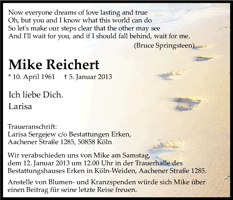  Traueranzeige für Michael Reichert vom 09.01.2013 aus Kölner Stadt-Anzeiger / Kölnische Rundschau / Express