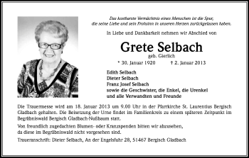 Anzeige von Grete Selbach von Kölner Stadt-Anzeiger / Kölnische Rundschau / Express