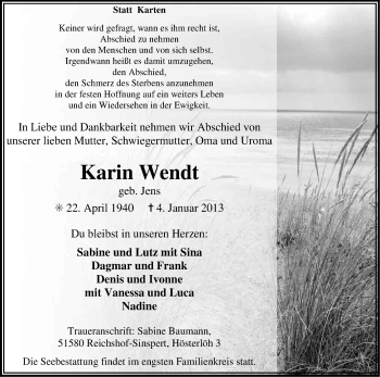 Anzeige von Karin Wendt von Kölner Stadt-Anzeiger / Kölnische Rundschau / Express