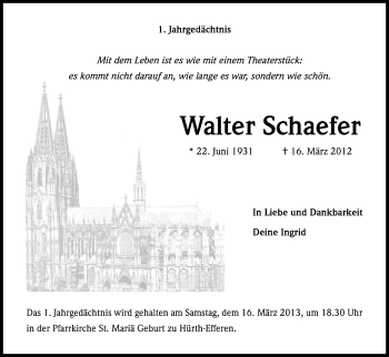 Anzeige von Walter Schaefer von Kölner Stadt-Anzeiger / Kölnische Rundschau / Express