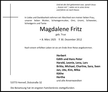 Anzeige von Magdalene Fritz von Kölner Stadt-Anzeiger / Kölnische Rundschau / Express