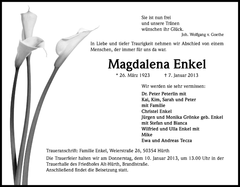  Traueranzeige für Magdalena Enkel vom 09.01.2013 aus Kölner Stadt-Anzeiger / Kölnische Rundschau / Express