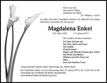 Anzeige von Magdalena Enkel von Kölner Stadt-Anzeiger / Kölnische Rundschau / Express