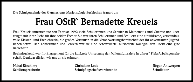  Traueranzeige für Bernadette Kreuels vom 10.01.2013 aus Kölner Stadt-Anzeiger / Kölnische Rundschau / Express