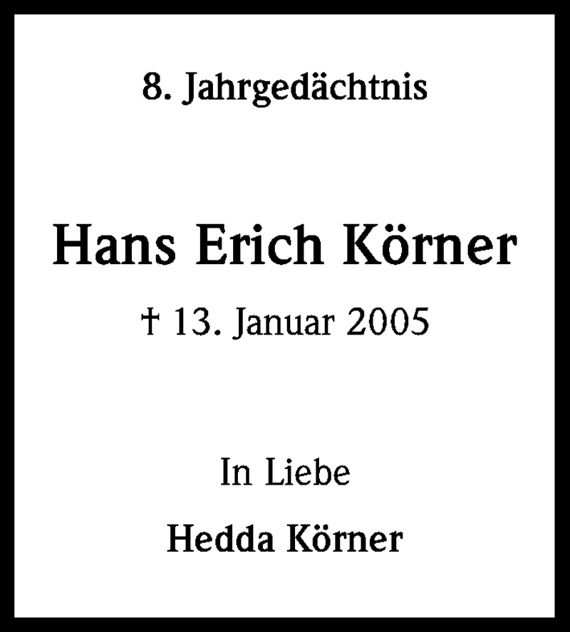  Traueranzeige für Hans Erich Körner vom 12.01.2013 aus Kölner Stadt-Anzeiger / Kölnische Rundschau / Express