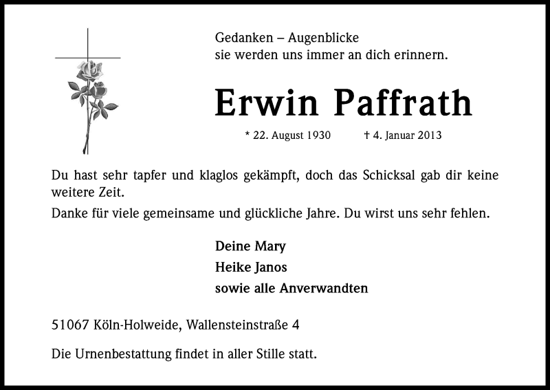 Traueranzeige für Erwin Paffrath vom 12.01.2013 aus Kölner Stadt-Anzeiger / Kölnische Rundschau / Express