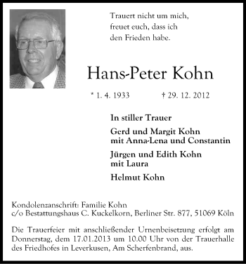 Anzeige von Hans-Peter Kohn von Kölner Stadt-Anzeiger / Kölnische Rundschau / Express