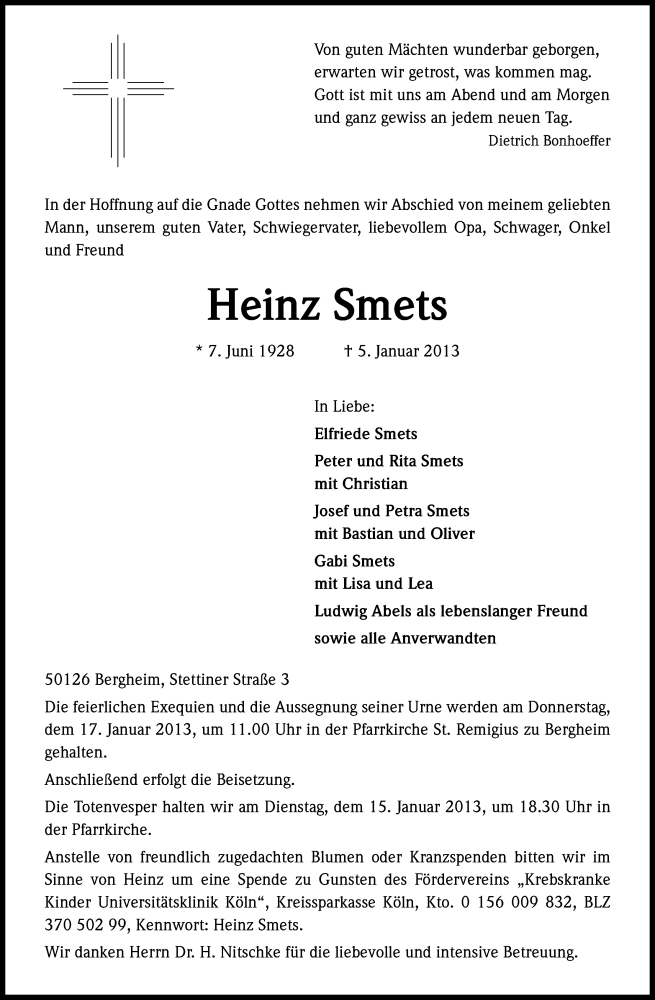  Traueranzeige für Heinz Smets vom 12.01.2013 aus Kölner Stadt-Anzeiger / Kölnische Rundschau / Express