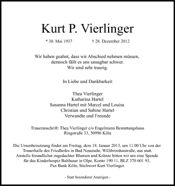 Anzeige von Kurt Vierlinger von Kölner Stadt-Anzeiger / Kölnische Rundschau / Express