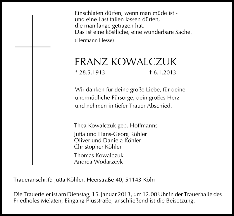  Traueranzeige für Franz Kowalczuk vom 12.01.2013 aus Kölner Stadt-Anzeiger / Kölnische Rundschau / Express