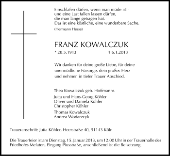 Anzeige von Franz Kowalczuk von Kölner Stadt-Anzeiger / Kölnische Rundschau / Express