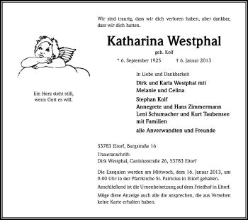 Anzeige von Katharina Westphal von Kölner Stadt-Anzeiger / Kölnische Rundschau / Express