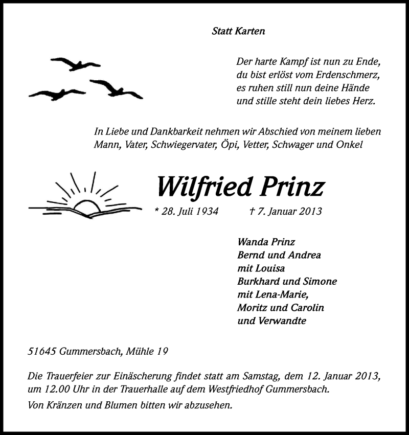  Traueranzeige für Wilfried Prinz vom 10.01.2013 aus Kölner Stadt-Anzeiger / Kölnische Rundschau / Express