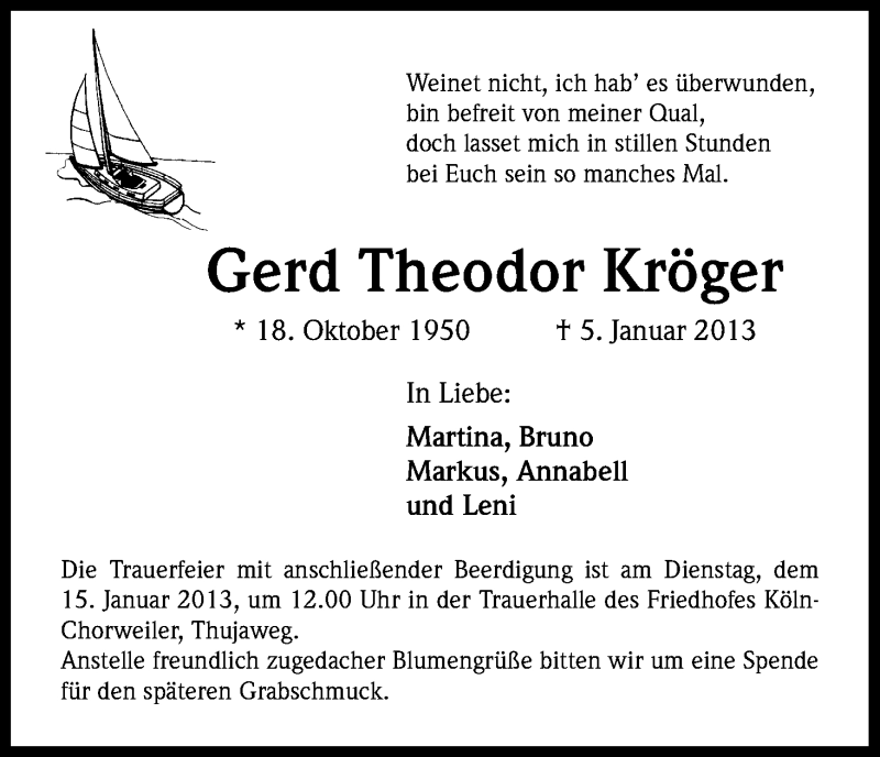  Traueranzeige für Gerd Theodor Kröger vom 11.01.2013 aus Kölner Stadt-Anzeiger / Kölnische Rundschau / Express