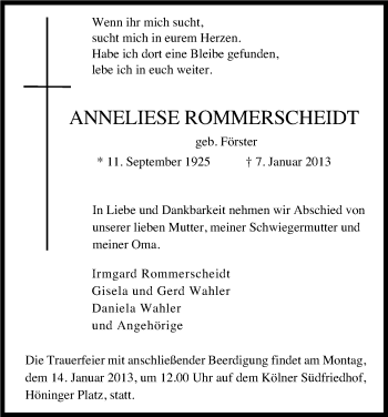Anzeige von Anneliese Rommerscheidt von Kölner Stadt-Anzeiger / Kölnische Rundschau / Express