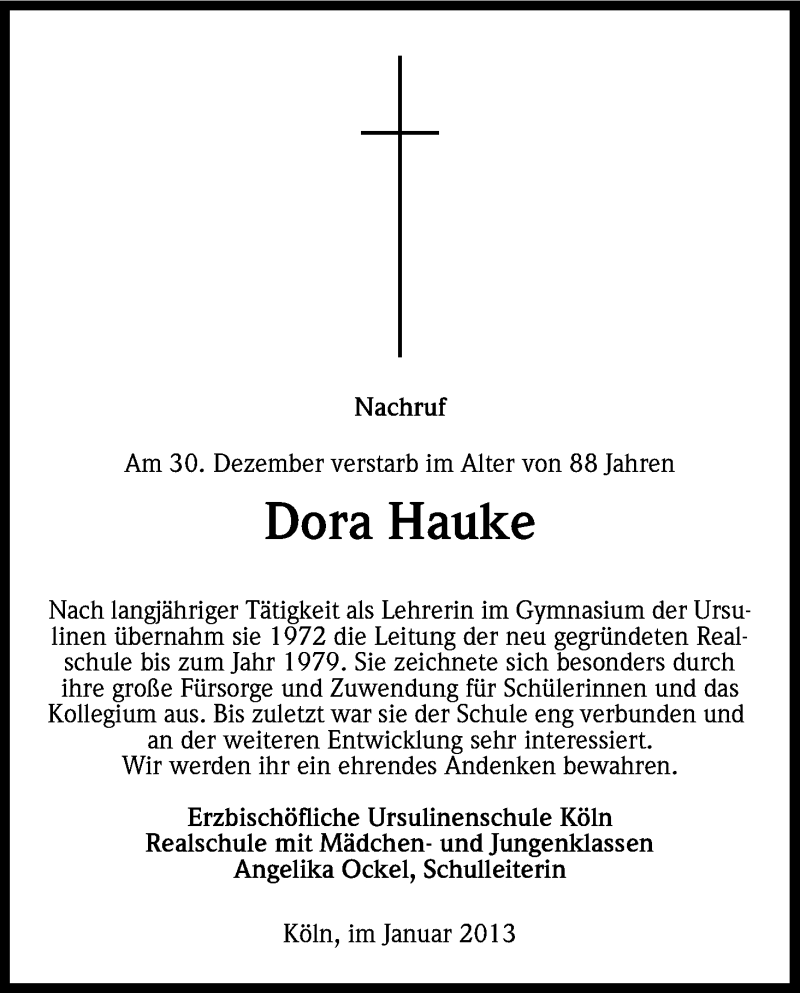  Traueranzeige für Dora Hauke vom 12.01.2013 aus Kölner Stadt-Anzeiger / Kölnische Rundschau / Express