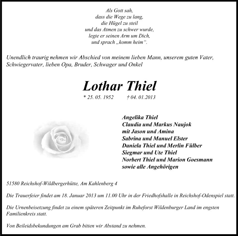  Traueranzeige für Lothar Thiel vom 12.01.2013 aus Kölner Stadt-Anzeiger / Kölnische Rundschau / Express